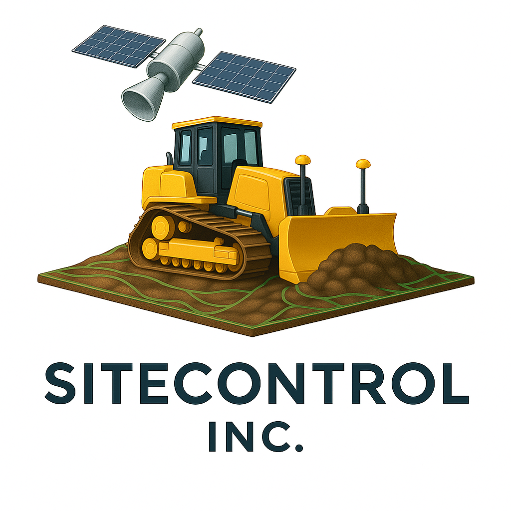A yellow bulldozer on brown soil with green crop lines, a gray satellite with solar panels above, and the text 'SITECONTROL INC.' underneath.