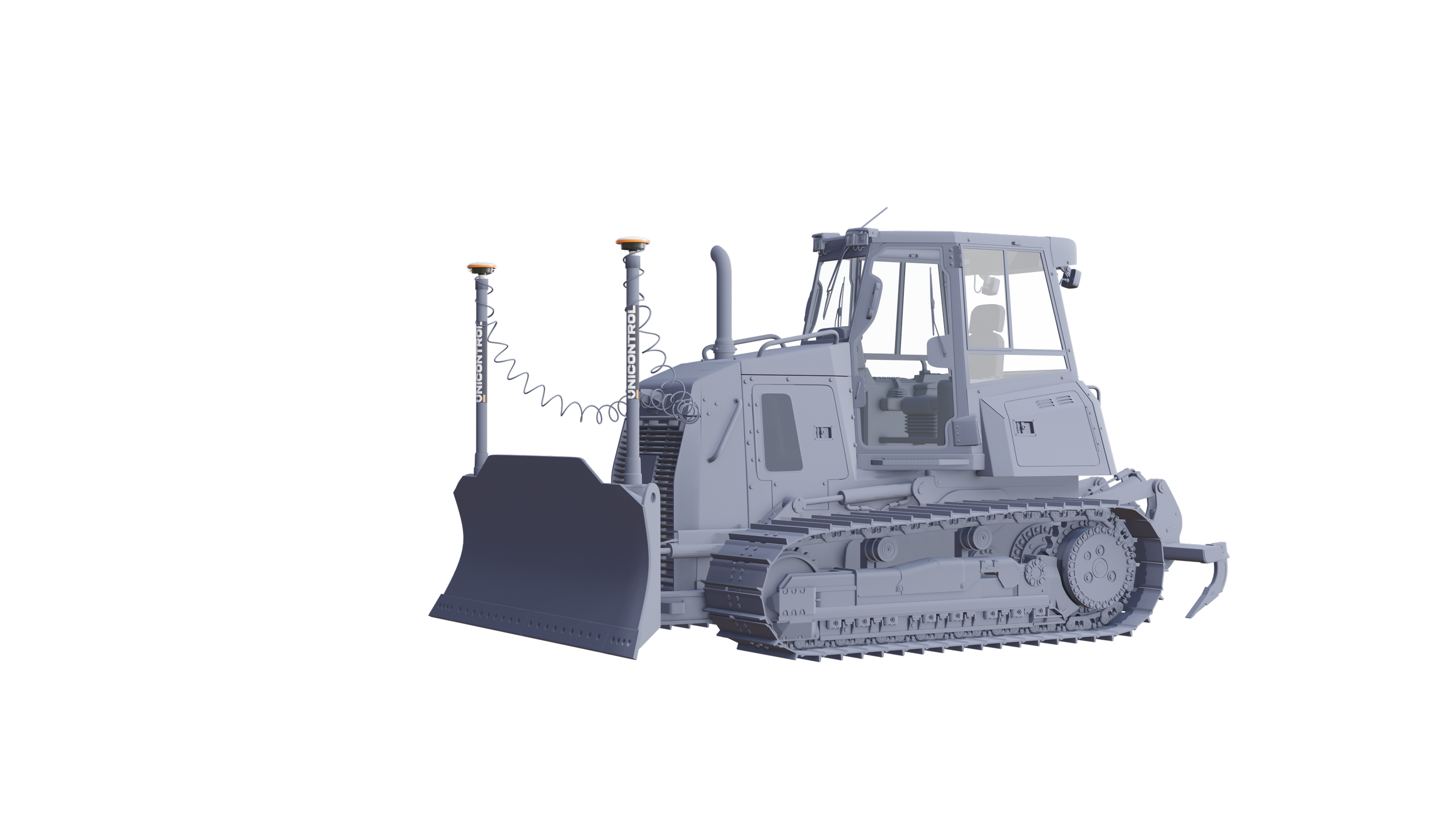 3D rendering of a bulldozer with track system, enclosed cabin, and a large front blade, on a black background.