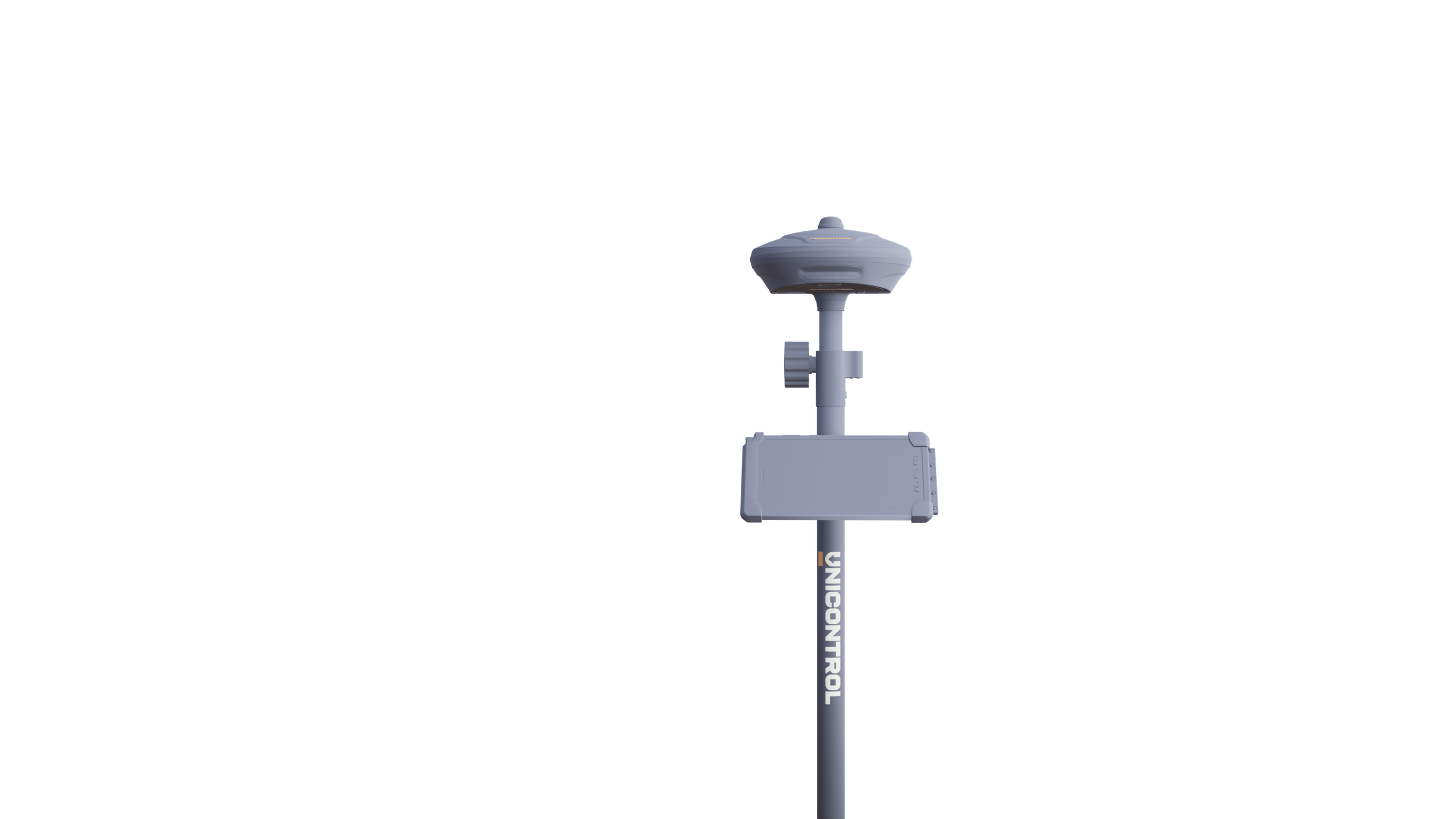 A tall, gray, pole-mounted device with a domed top, an attached box, and a label that reads 'VUNICTRO'.