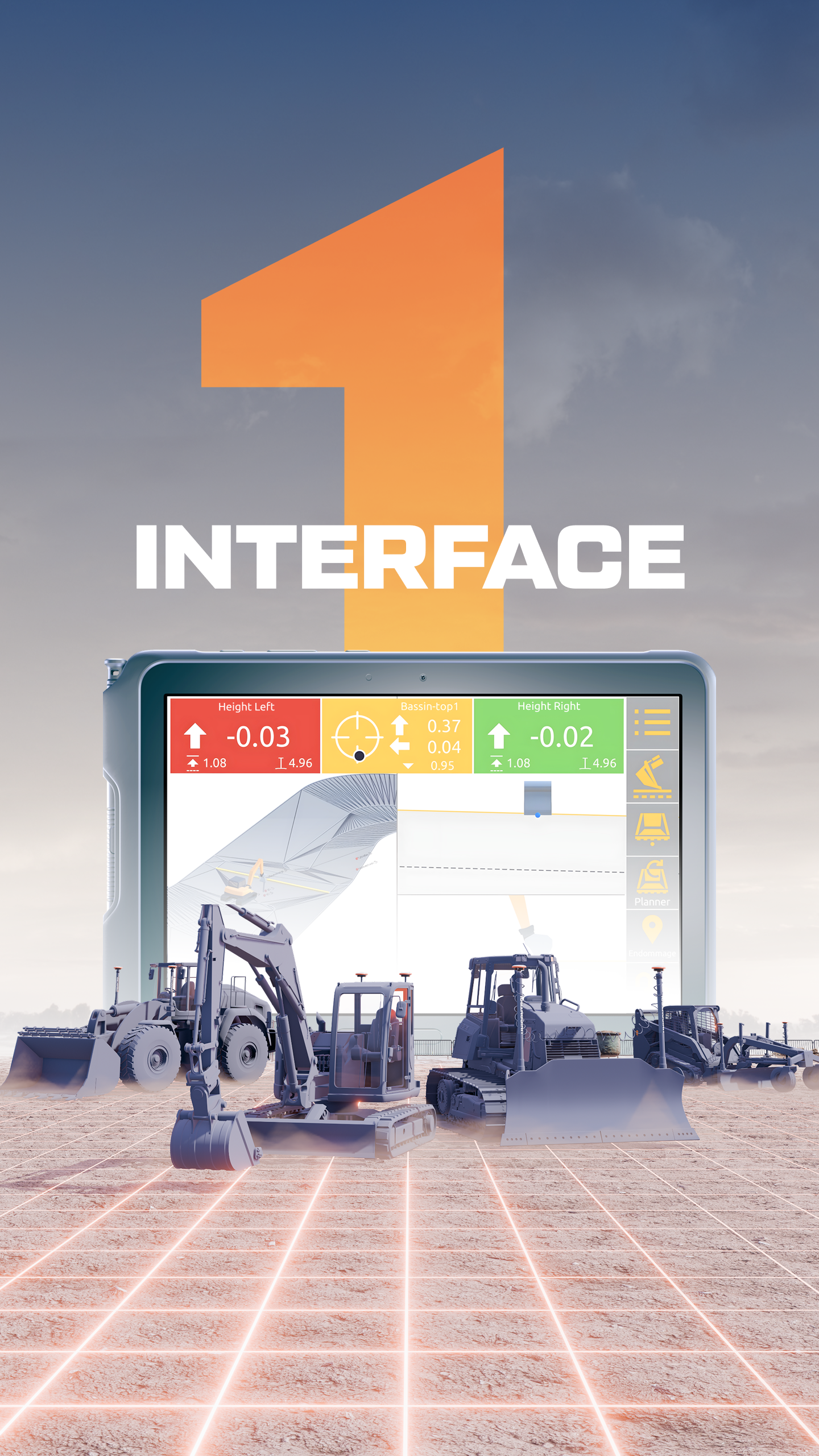 A construction site with a large digital interface screen and various excavators and machinery on a grid-patterned ground with a partly cloudy sky background.