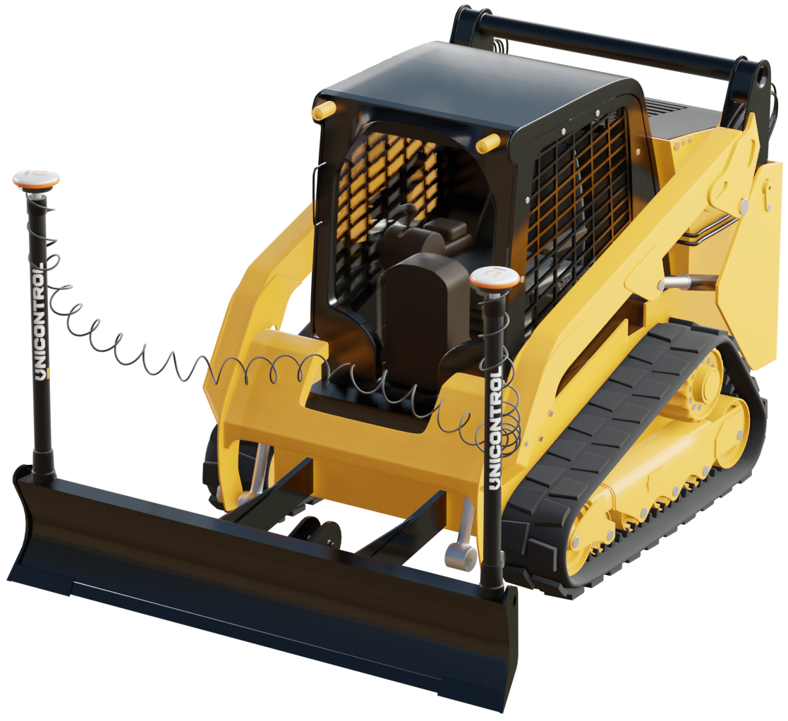 Yellow compact tracked skid steer loader with a front blade and enclosed cab, branded with 'UNICONTAIN' on the safety barriers.