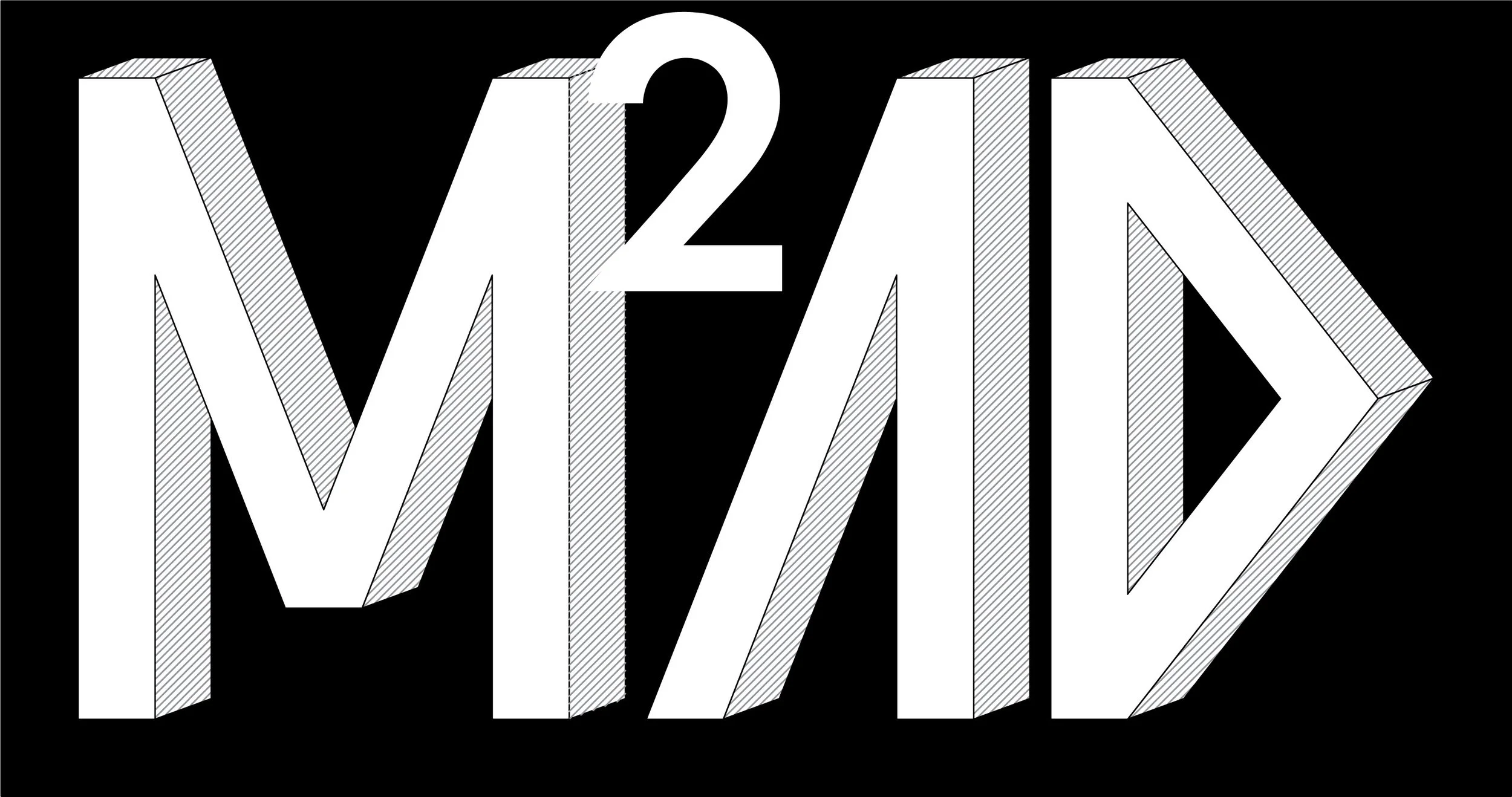 Testo 3D bianco: 'M2AD' su sfondo nero.