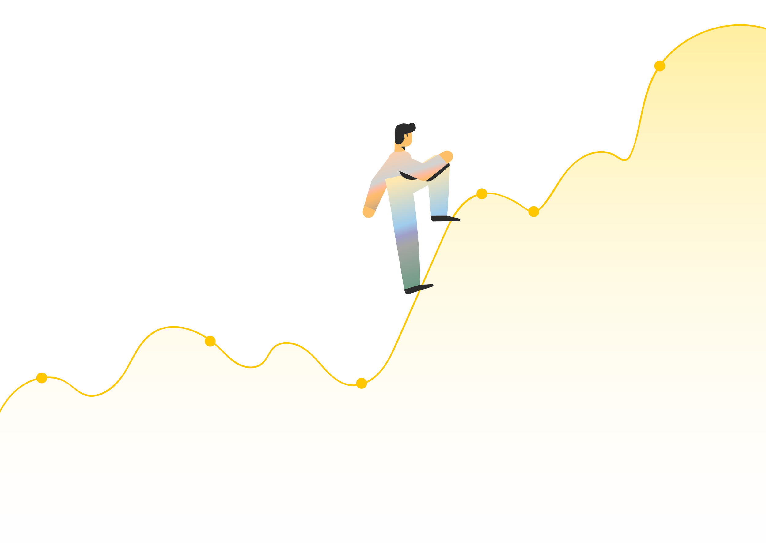 A person standing on a rising yellow line graph with data points, holding a pen and writing on a whiteboard against a black background.