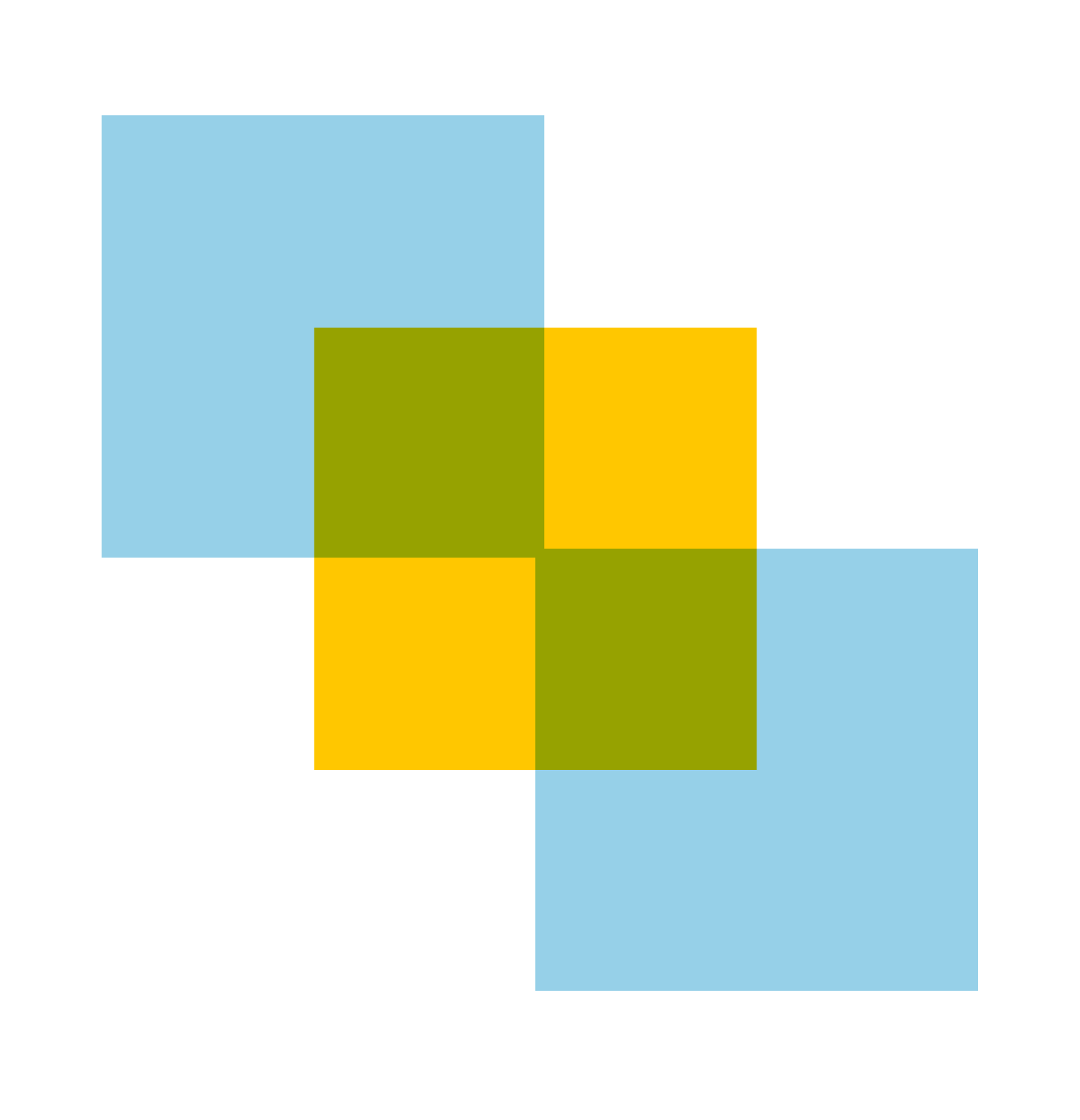 Colorful geometric abstract pattern with overlapping squares in light blue, yellow, and olive green on a black background.