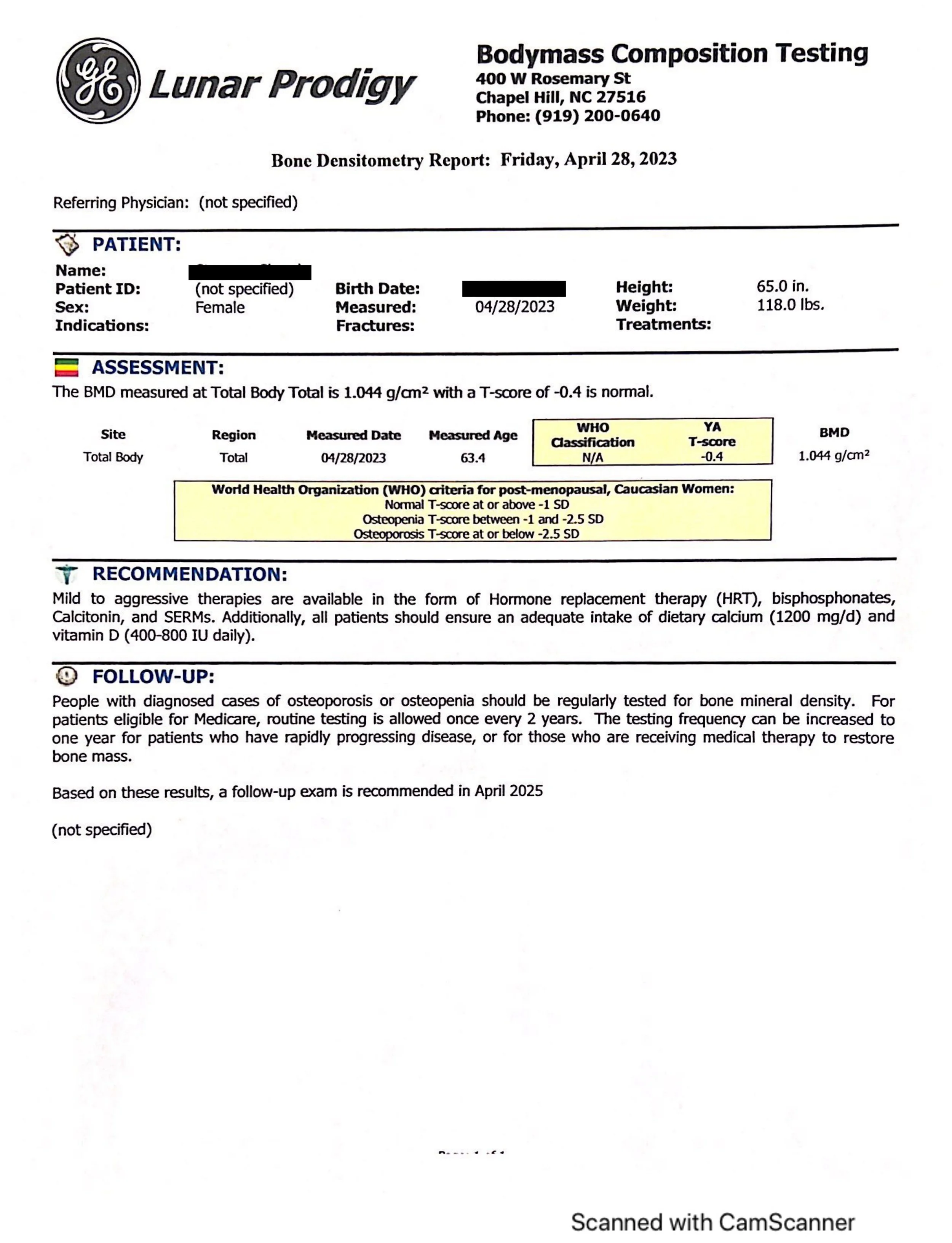 Sample Chapel Hill DEXA 