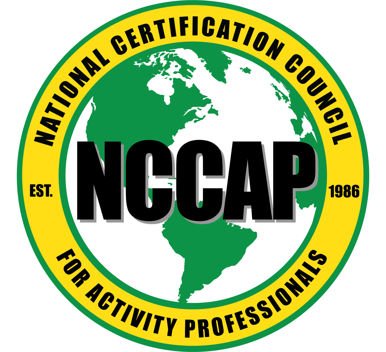Logo del National Certification Committee for Activity Professionals, con mappa del mondo in sfondo, cerchio giallo e verde con scritto al’interno 'National Certification Committee for Activity Professionals', 'EST. 1986'.