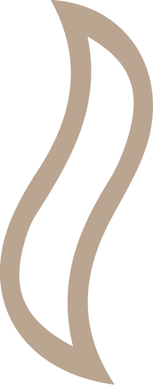 A stylized, abstract beige and black icon resembling a curved shape or ribbon.