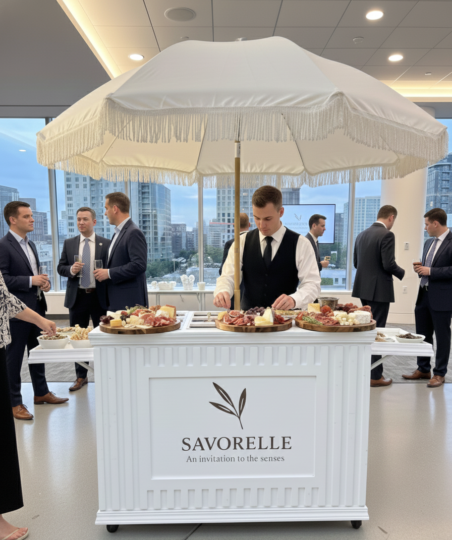 A catering setup with a white table under a large white umbrella at a corporate event. The table has assorted cheeses and charcuterie. Several men in suits are talking and serving themselves in the background, with tall windows showing a cityscape of high-rise buildings.