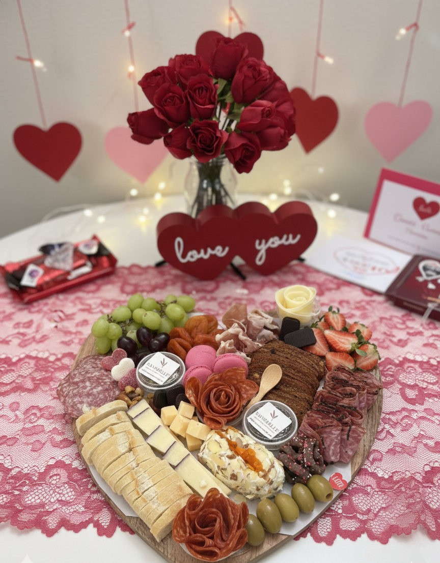 A romantic Valentine's Day setup with a bouquet of red roses in a glass vase, surrounded by heart-shaped decorations, chocolates, and a cheese platter on a table with lace and pink tablecloths.
