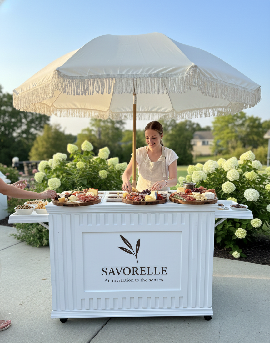 A woman standing behind a white table with a sign that says 'SAVORELLE, An invitation to the senses,' under a large white umbrella outdoors, arranging food on trays. Green bushes and trees are in the background.