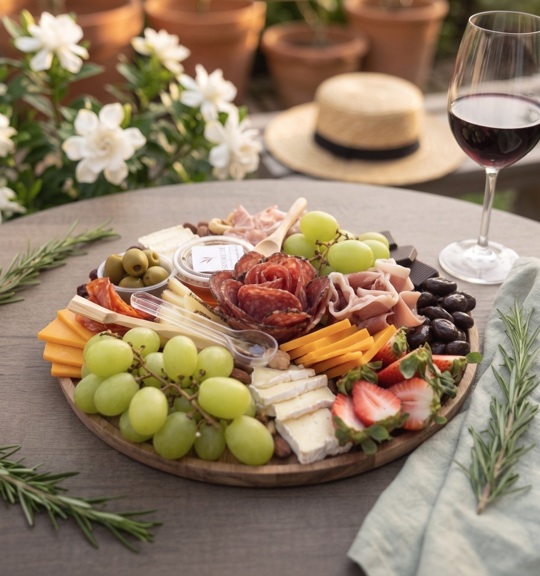 A cheese and charcuterie platter with grapes, strawberries, cheese slices, cured meats, and crackers, accompanied by a glass of red wine on a table.