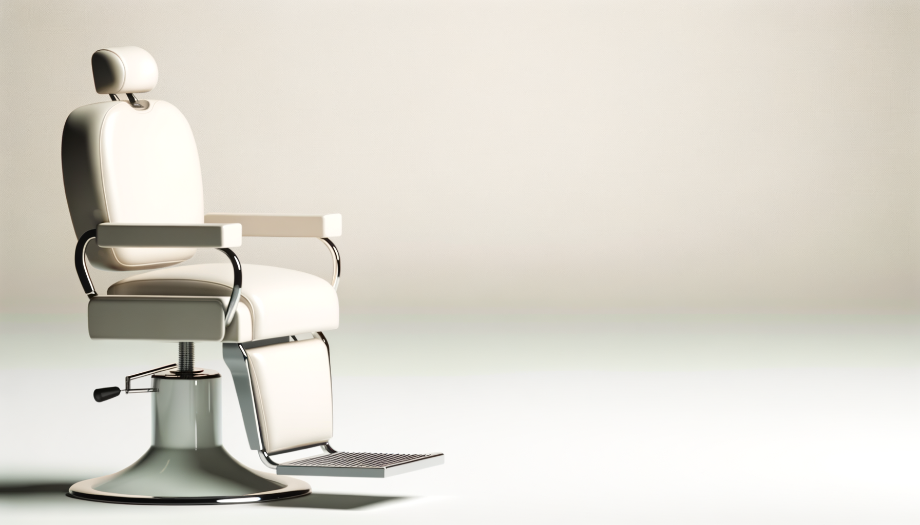 White vintage dental chair with adjustable headrest, armrest, footrest, and metal base, positioned on a blank, neutral background.