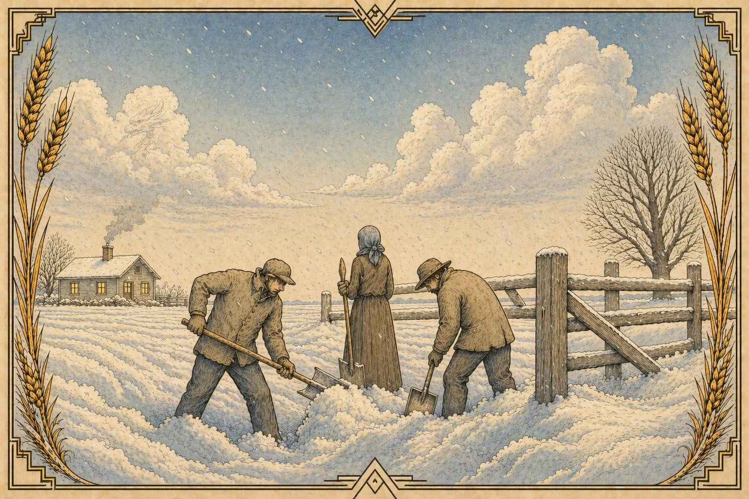 Three figures working a snow-covered prairie field, bordered by wheat illustrations. Weatherdragon Art Deco style illustration.