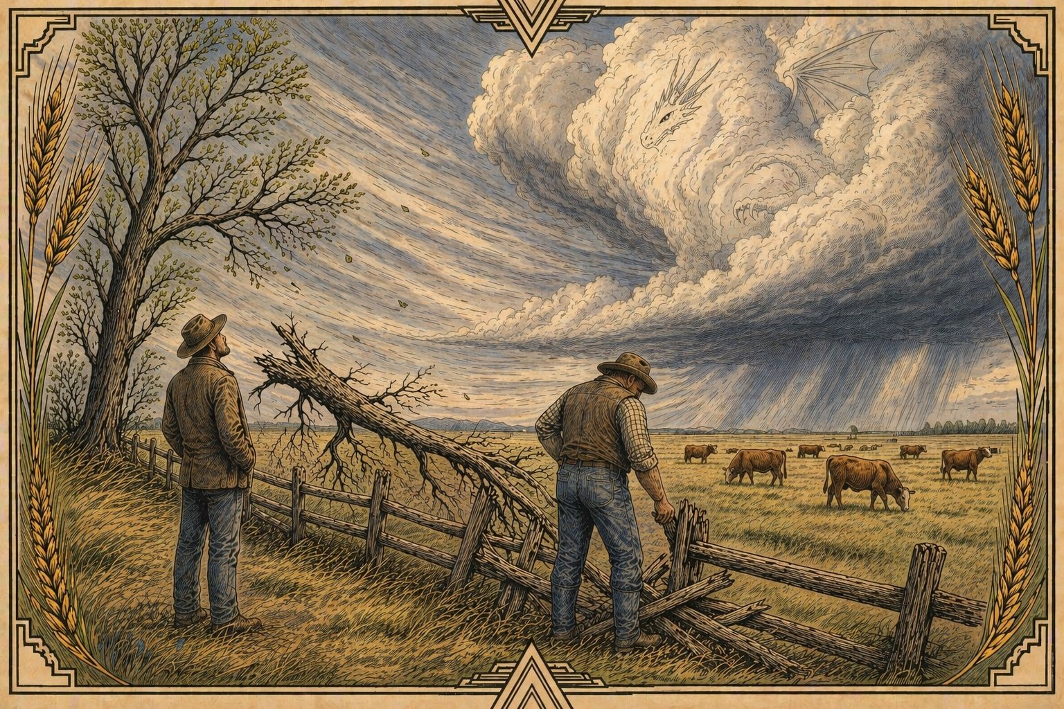Two prairie farmers repairing a fence in a cattle pasture under a large storm cloud with a dragon face forming within it. Episode 5 — The Fence Line.
