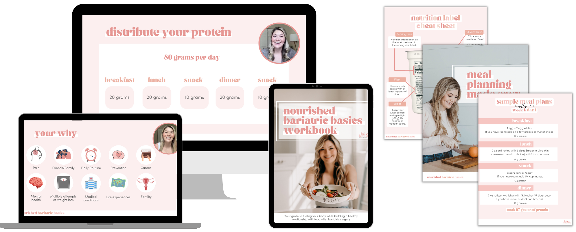 Multiple digital devices displaying content related to bariatric surgery, meal planning, and nutrition, including a workbook, cheat sheet, meal plans, and informational pages, with a woman smiling in several images.
