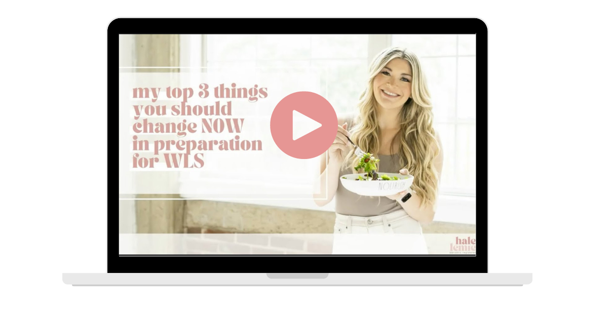 A woman with long blonde hair smiling and holding a bowl of salad, standing in a bright room with large windows, with a pink play button overlay and text about top 3 things to change about WLS.