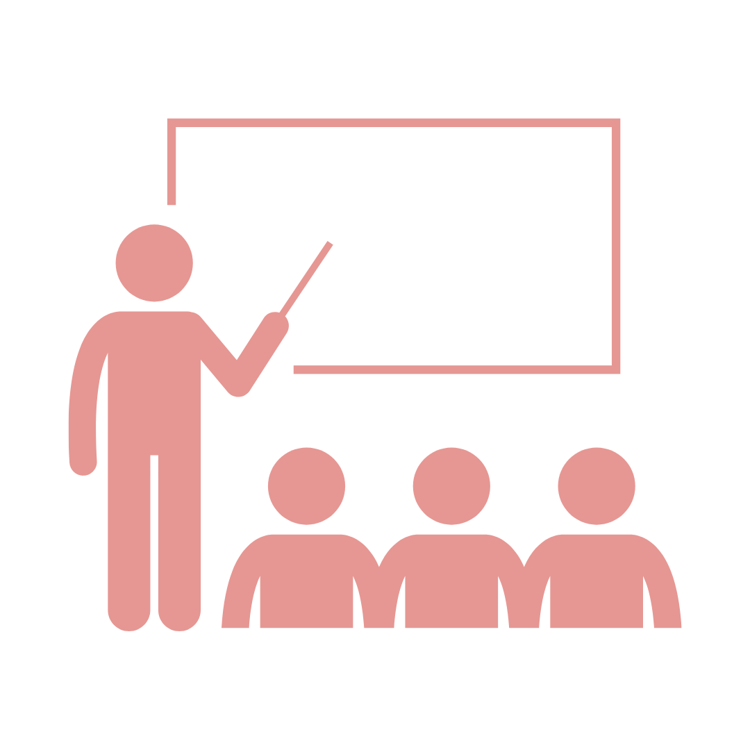 Illustration of a person giving a lecture or presentation to three people seated in front of a blackboard.