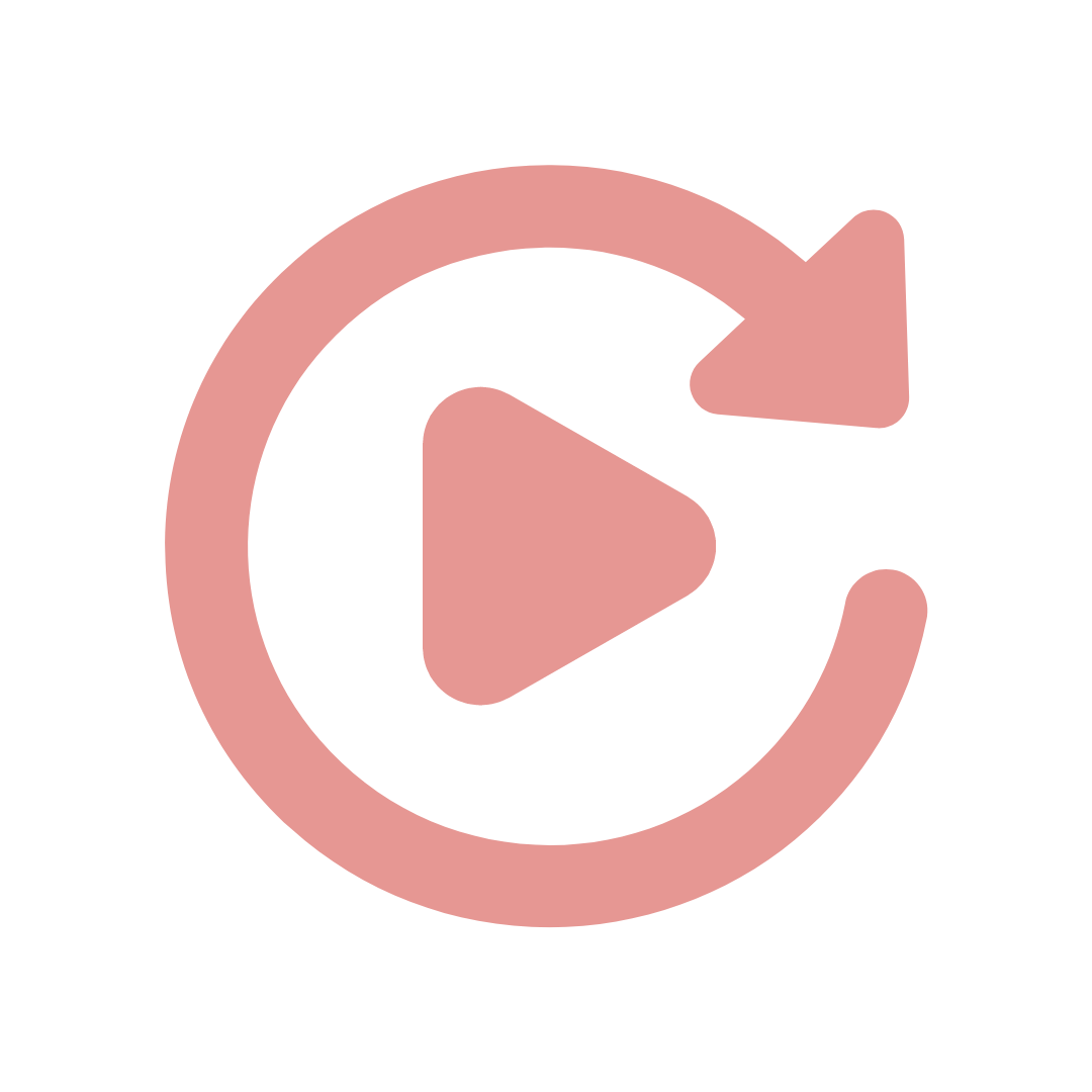 Pink circular arrow with a play button in the center, indicating media replay or refresh.