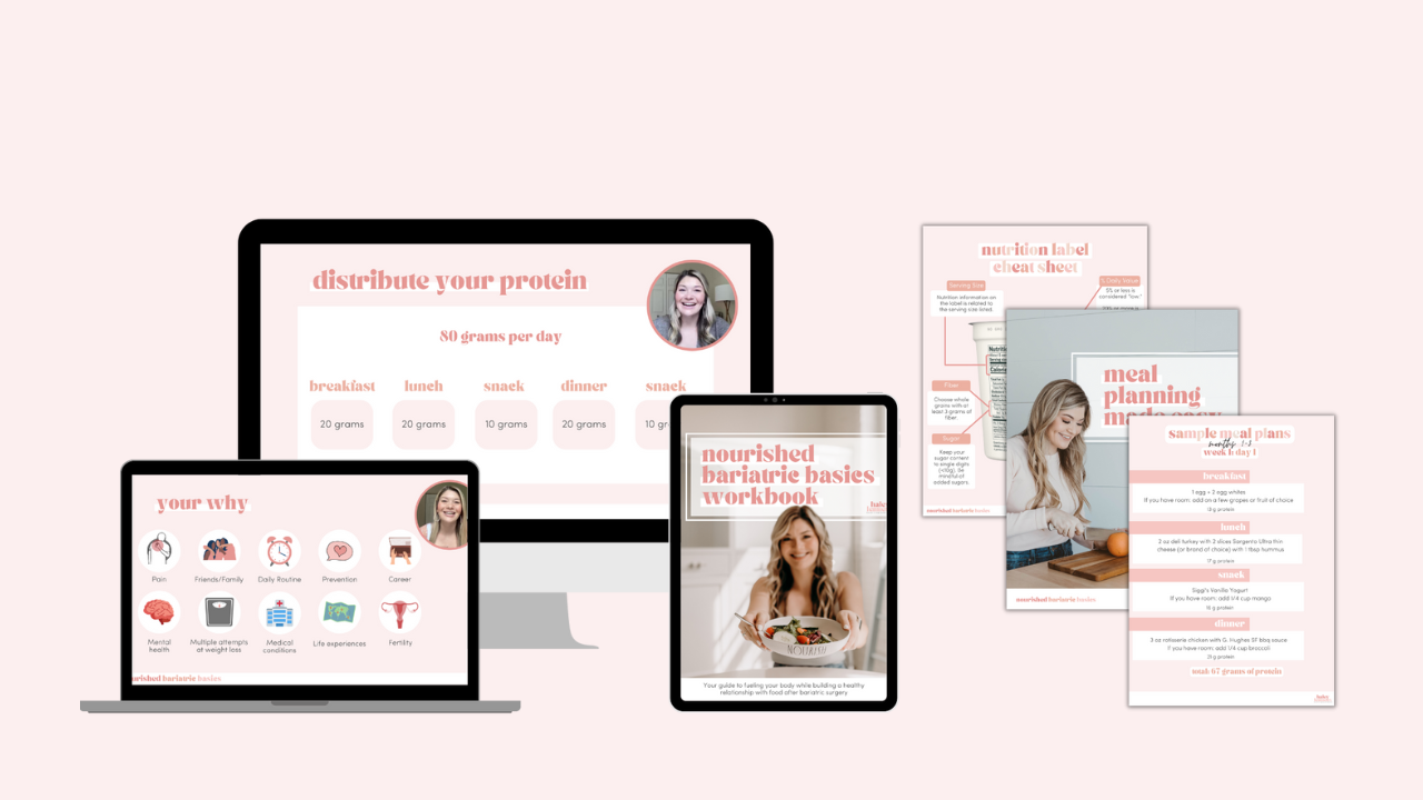 Various digital devices displaying nutrition and wellness materials related to bariatric surgery, including a tablet, laptop, and desktop monitor, alongside printed guides and worksheets on a pink background.