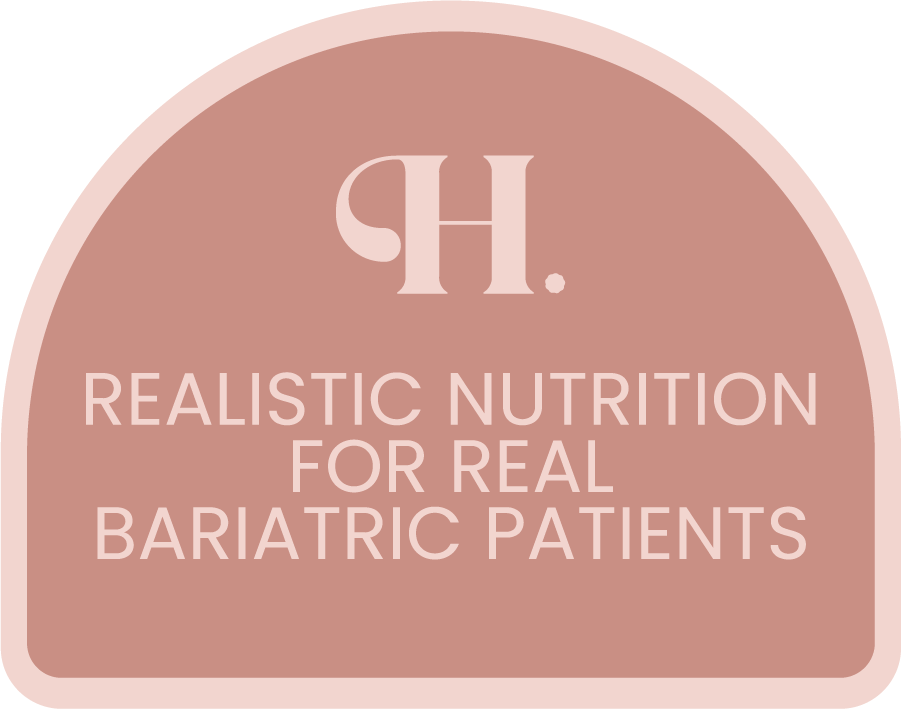 Logo with the letter H and the text "Realistic Nutrition for Real Bariatric Patients" in pink and beige colors.