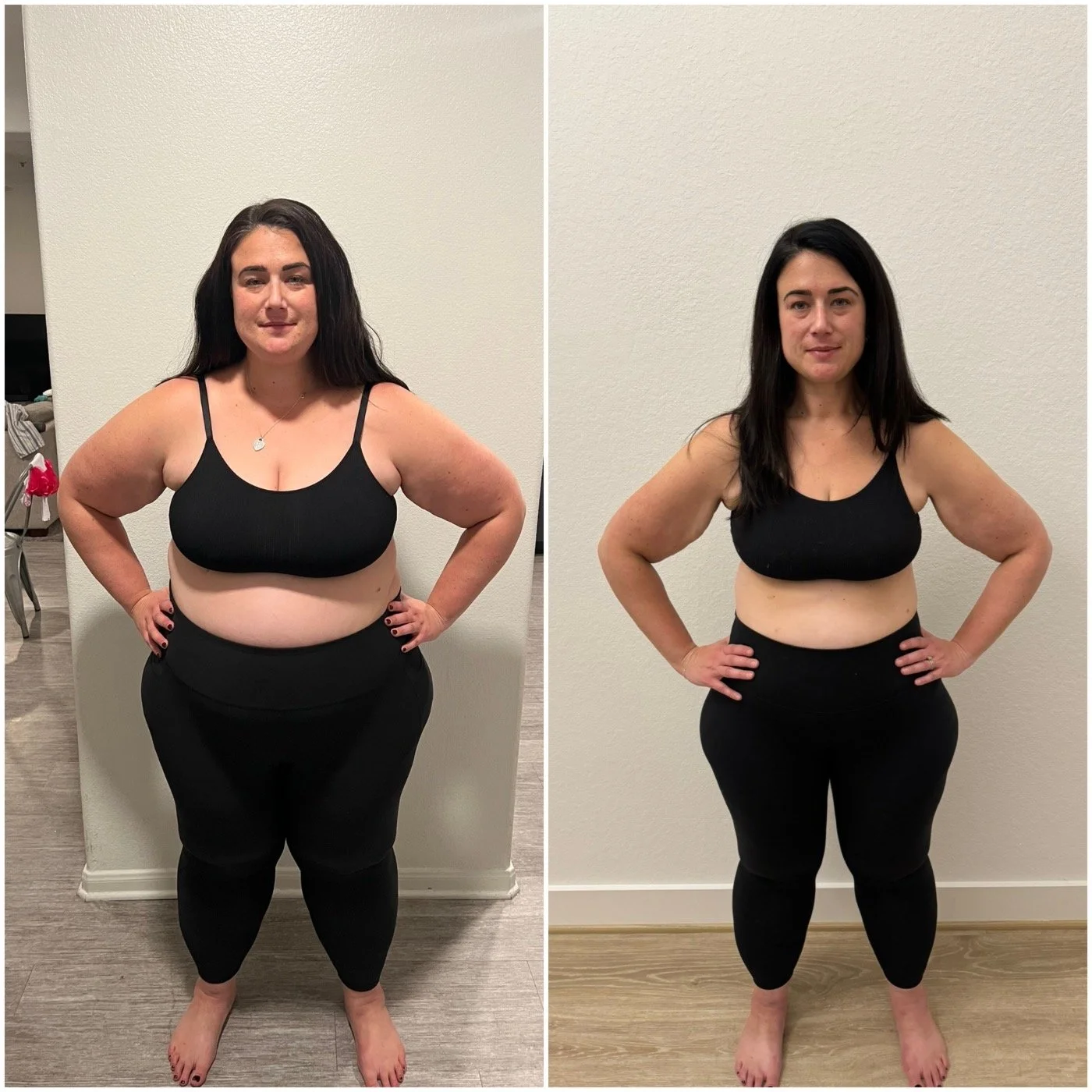 Side-by-side comparison of a woman before and after weight loss, wearing black workout clothes, standing with hands on hips in front of plain walls.