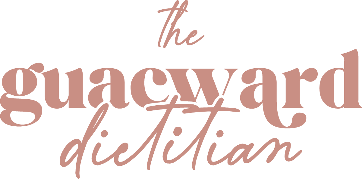 Stylized text that says "The Guacward Dietitian" in primary pink.
