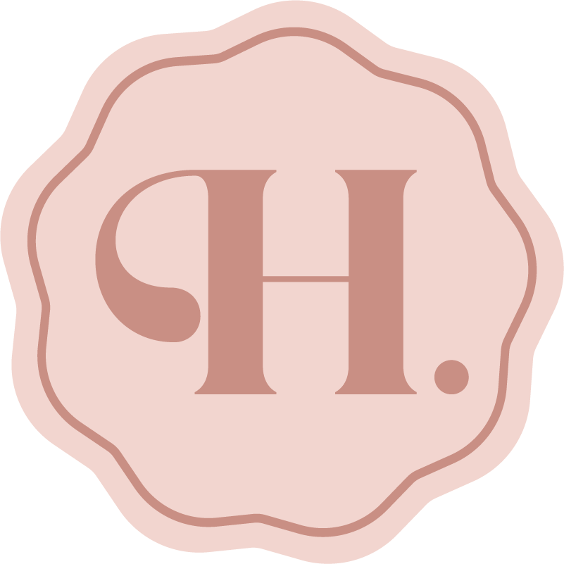 Pink wax seal sticker with the initials 'H.' in bold, serif font.