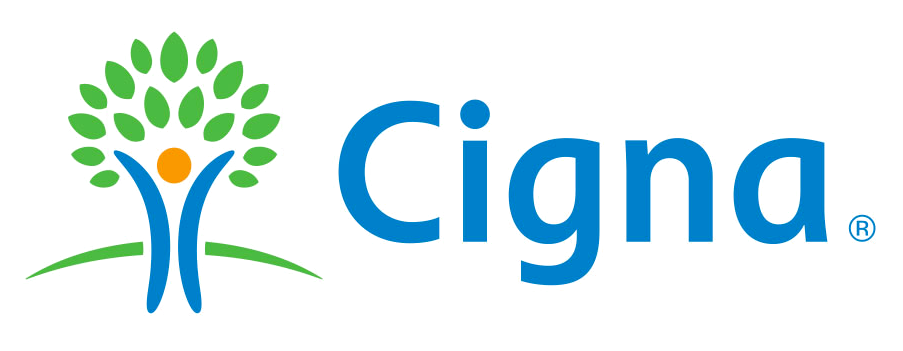 Cigna logo featuring a stylized tree with green leaves, a yellow circle, and two blue human-like figures, next to the word 'Cigna' in blue letters.