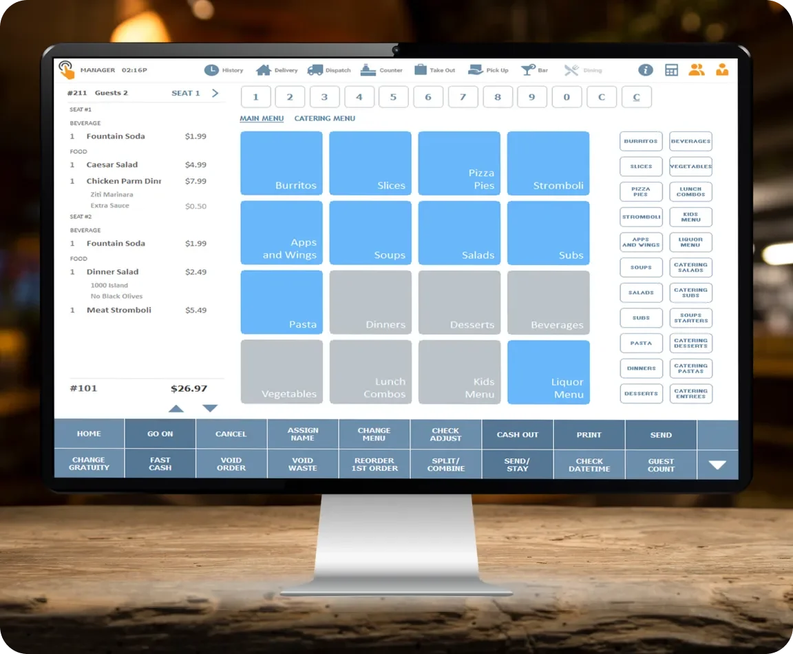 A restaurant point-of-sale touchscreen interface displaying menu categories such as Burritos, Slices, Pizza Pies, Stromboli, Apps and Wings, Soups, Salads, Subs, Pasta, Dinners, Desserts, Beverages, and Liquor Menu. The screen shows ordered items, prices, and overall total, with various control buttons at the bottom for managing orders and payments.