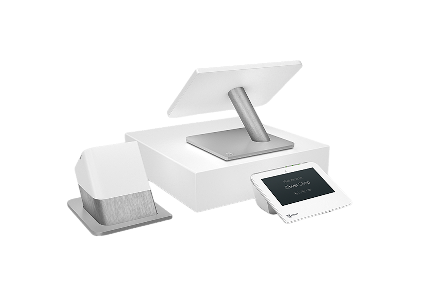 A modern point-of-sale system with a touchscreen monitor, receipt printer, and card reader.