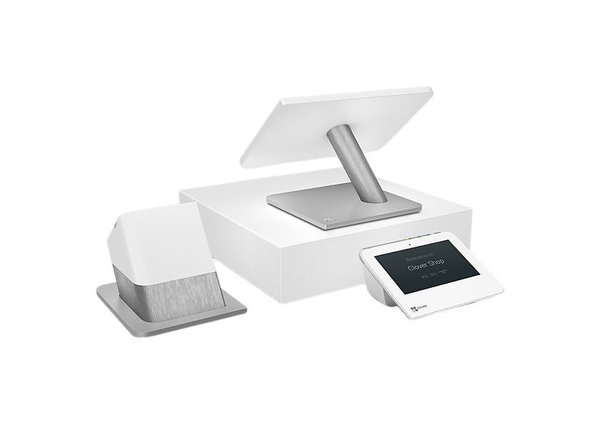 A modern Point of Sale (POS) system including a touchscreen monitor, card payment terminal, cash drawer, and receipt printer on a white desk.