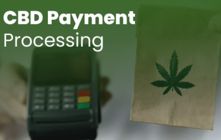 A point-of-sale terminal, a paper bag with a cannabis leaf print, and the text 'CBD Payment Processing' on a green background.