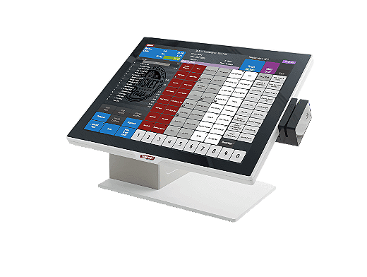 Electronic cash register or point-of-sale system with touchscreen display and numeric keypad.
