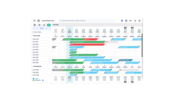 Screenshot of a project management or scheduling software with a timeline, color-coded tasks, and rooms labeled from Room #01 to Room #09, showing different schedules and activities.