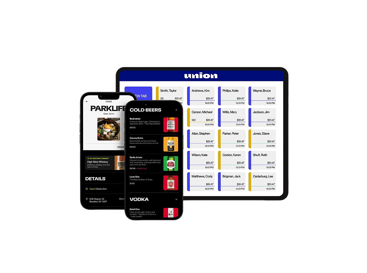 Screenshots of digital interfaces showing a restaurant menu, a drinks menu with alcohol options, and a seating chart with guest names and reservation details.