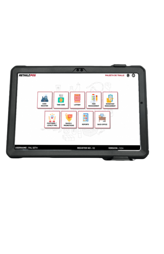 A touchscreen tablet displaying an inventory management system with icons for cash register, time card, lottery, item management, inventory management, customer loyalty, sales promotions, e-sports, and back office.