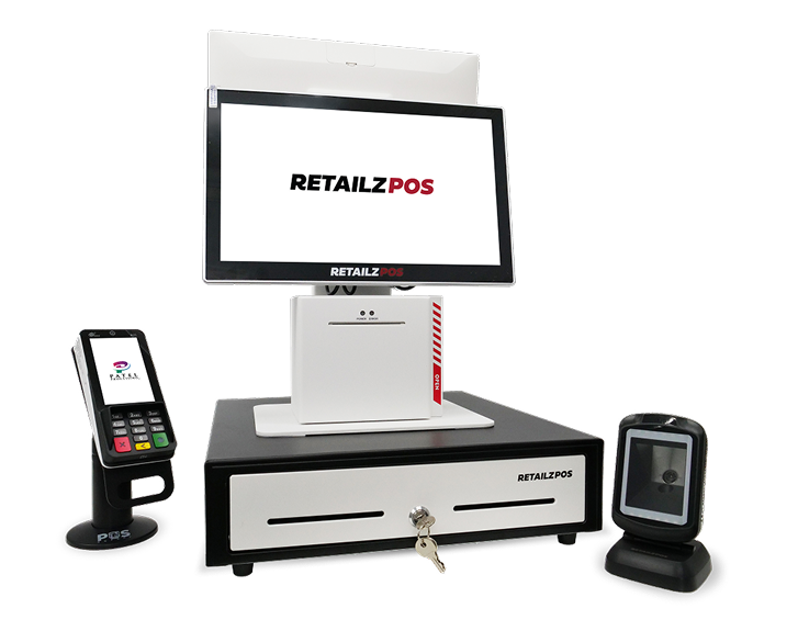 Retail POS system with a cash drawer, touchscreen monitor, card reader, and barcode scanner.