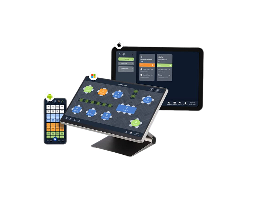 Various electronic devices displaying software interfaces, including a smartphone with an organized grid, and two tablets showing project management and scheduling apps.