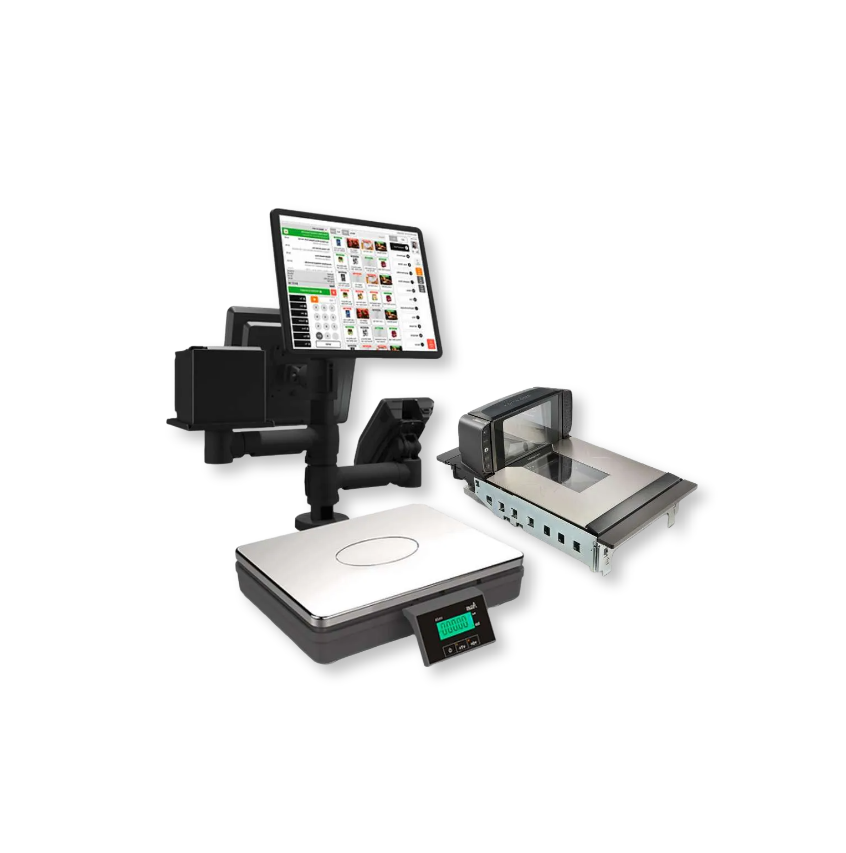 Photo of modern electronic cash register system with touchscreen monitor, scanning device, and weighing scale.