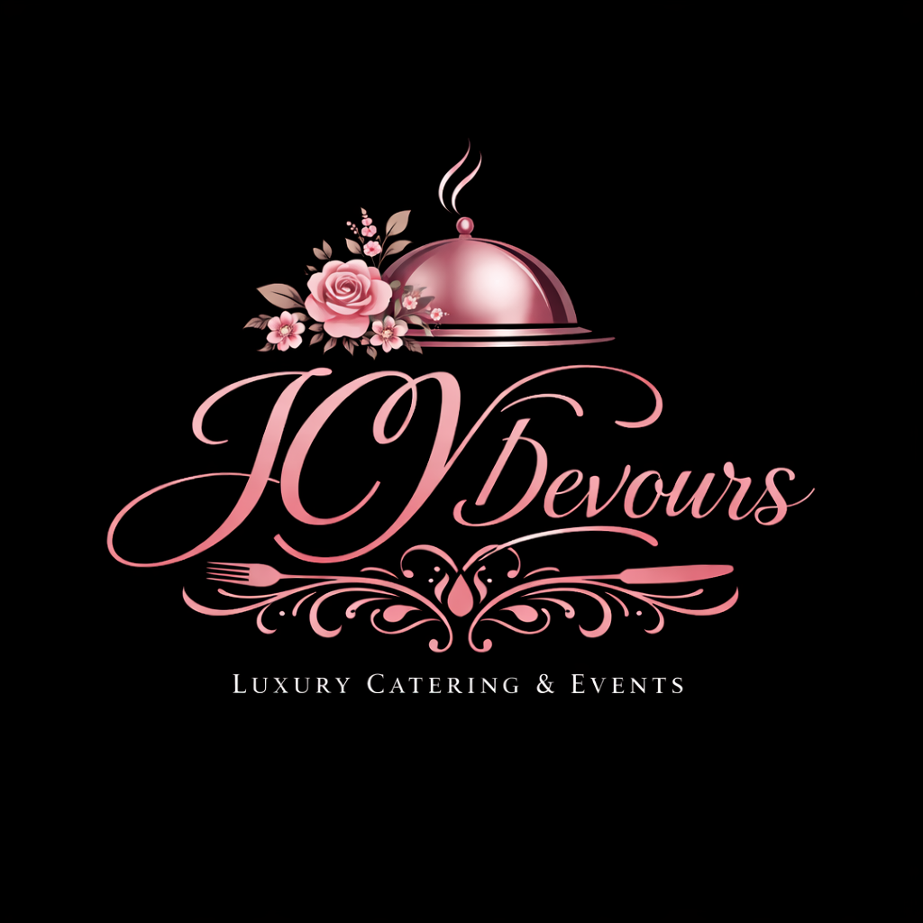 Logo for JC Bevours, luxury catering and events, with a pink serving tray, flowers, and decorative flourishes on a black background.