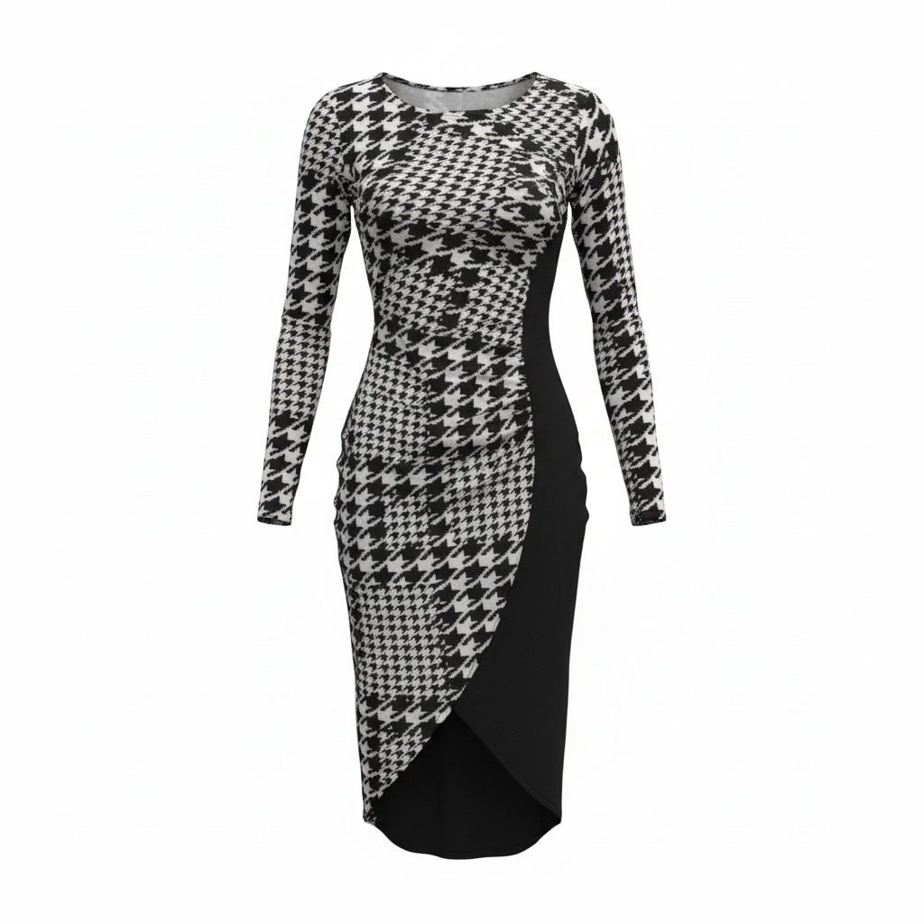 SHEIN Black & White Long Sleeve Midi Dress - Size Medium