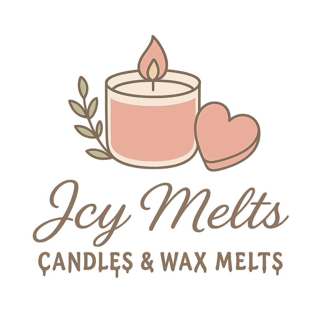 Logo with a pink candle, a heart, and a plant next to the text "Jcy Melts Candles & Wax Melts"