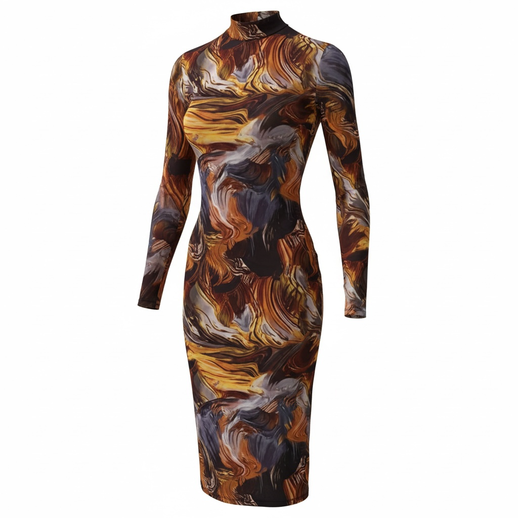 Long Sleeve Multi Color Midi Dress - Medium