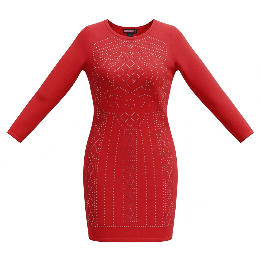 Red Rhinestone-Embellished Long Sleeve Mini Dress – Size Medium