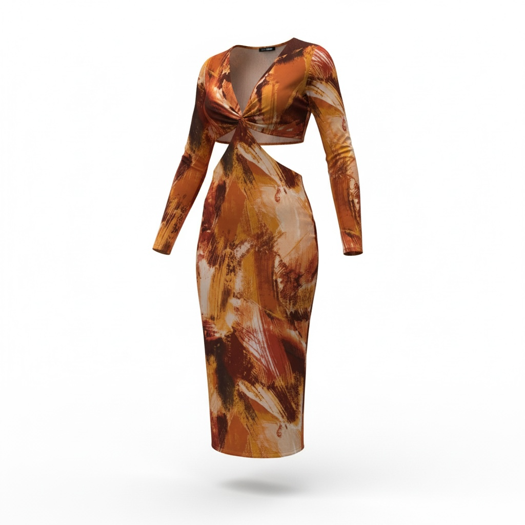 Long Sleeve Multi Color Halter Midi Dress - Medium