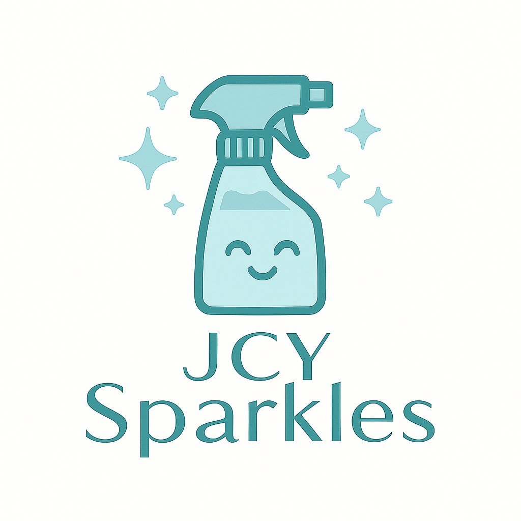A smiling spray bottle cartoon with sparkles around it and the text "JCY Sparkles" underneath.