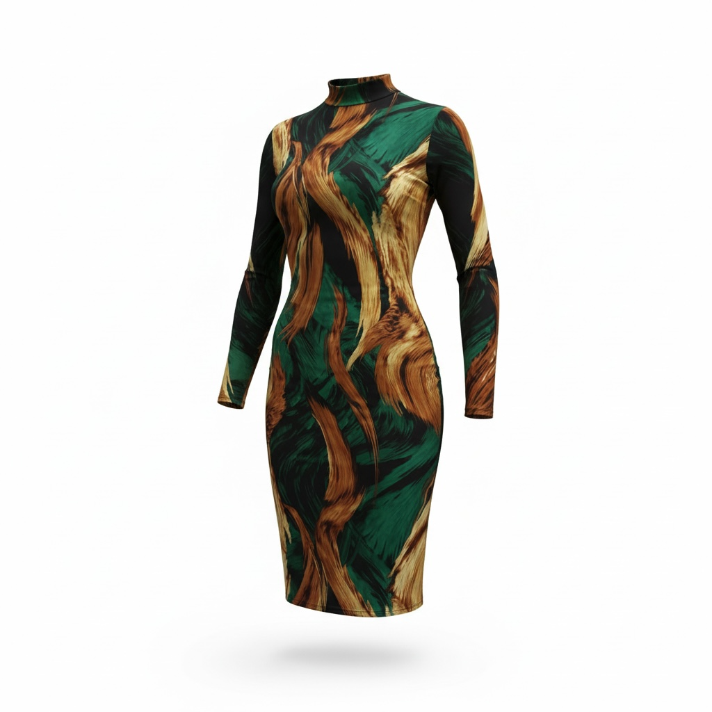 Long Sleeve Green & Gold Midi Dress - Medium