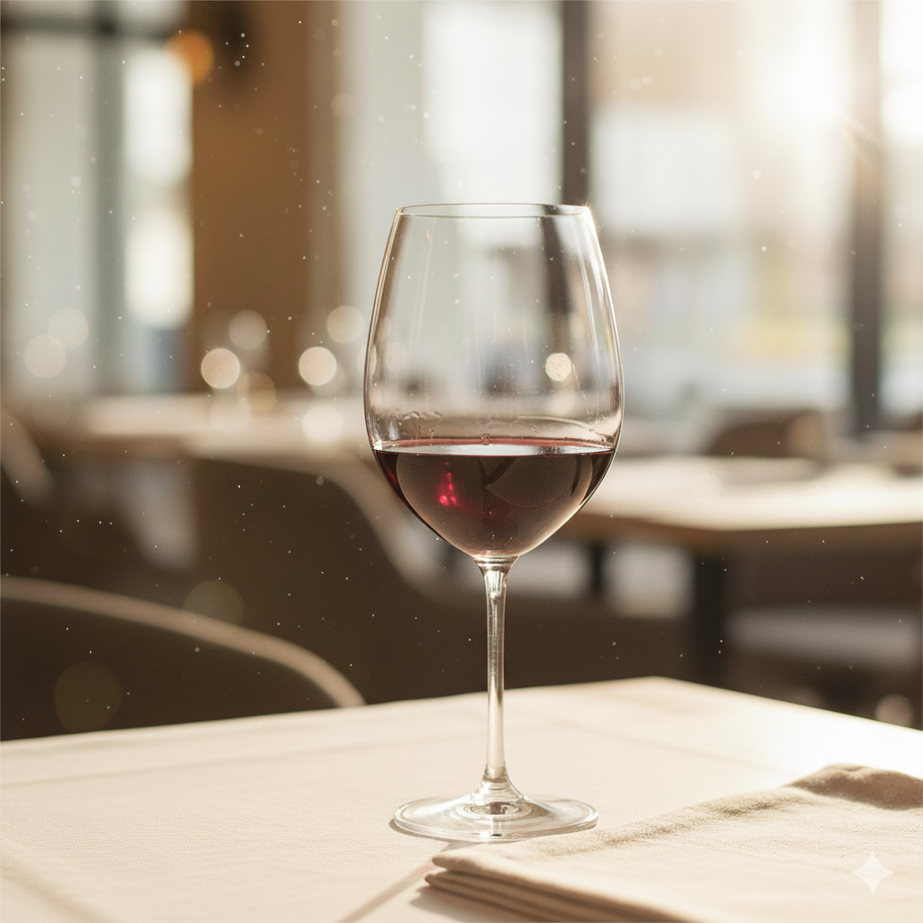 A glass of red wine on a table in a softly lit restaurant