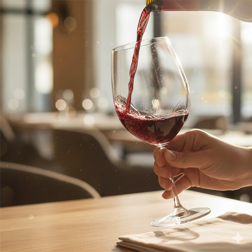 A person pouring red wine into a wine glass in a well-lit room.