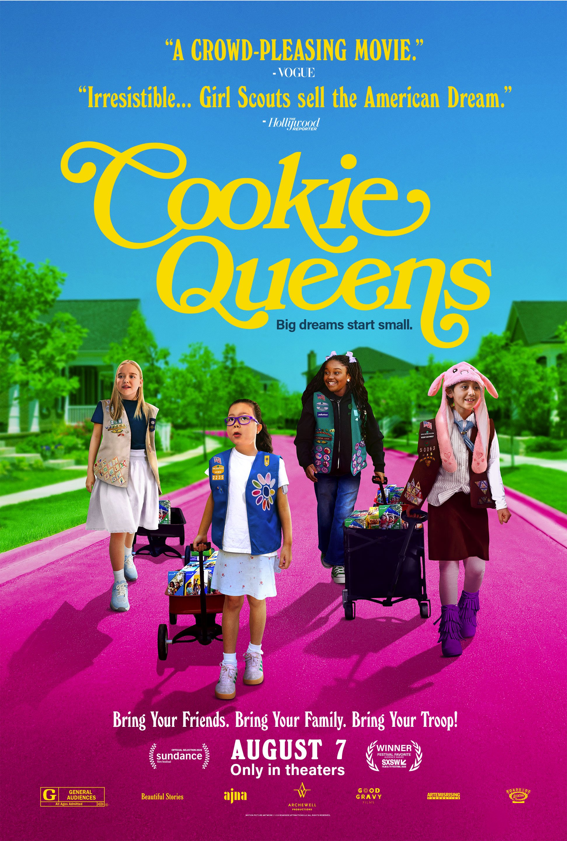 Movie poster for Cookie Queens featuring four multicultural Girl Scouts of different ages pulling their wagons full of cookie boxes along a suburban street. Text reads: "Cookie Queens: Big Dreams Start Small" and "In Theaters August 7"